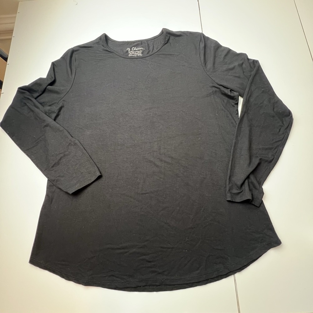 By Chico's Women's Size 2 US L Long Sleeve T-Shirt Black Crew Neck Capsule Basic - Picture 2 of 8